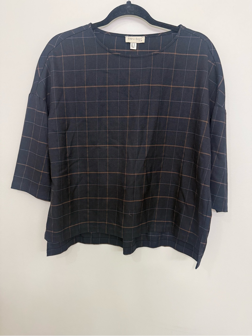 Anthropologie see u Soon Navy Check Boxy Top women size M/L